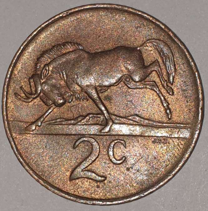 1985 - 2 CENT COIN (TWO CENT COIN) - RSA - BRONZE - KM#83 - BILINGUAL LEGEND - WILDEBEEST